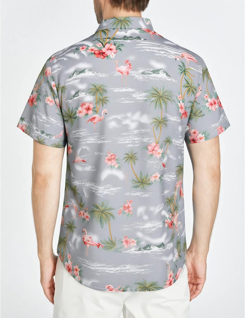 SSLR Mens Hawaiian Shirt Flamingos Casual Short Sleeve Button Down Shirts Aloha Shirt (Large, Light Grey) - Image 2